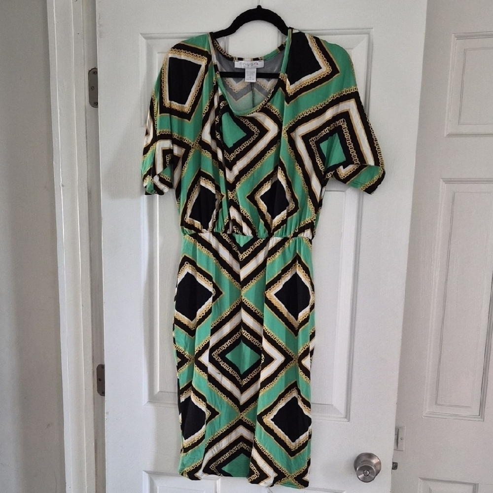 Ashley Stewart Green and Black Geometric Midi Dress